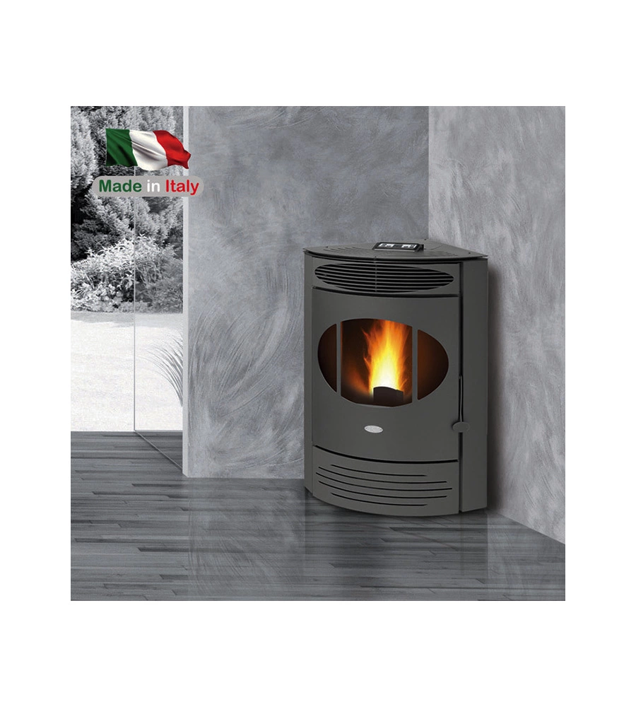 Stufa a pellet angolare ventilata caris "gemma" grigio 10,5 kw